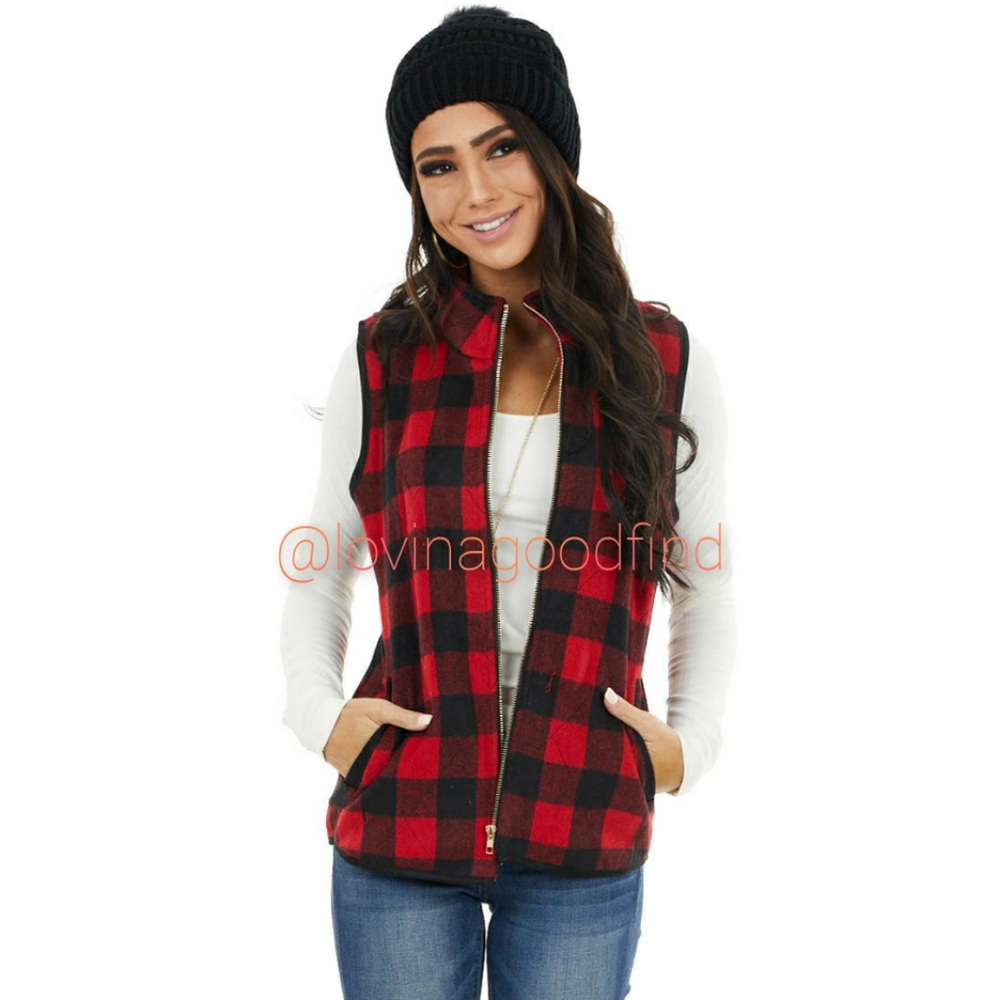 MADEWELL Thread & Supply Red Buffalo Plaid Shearling Fleece Vest EUC sz S
